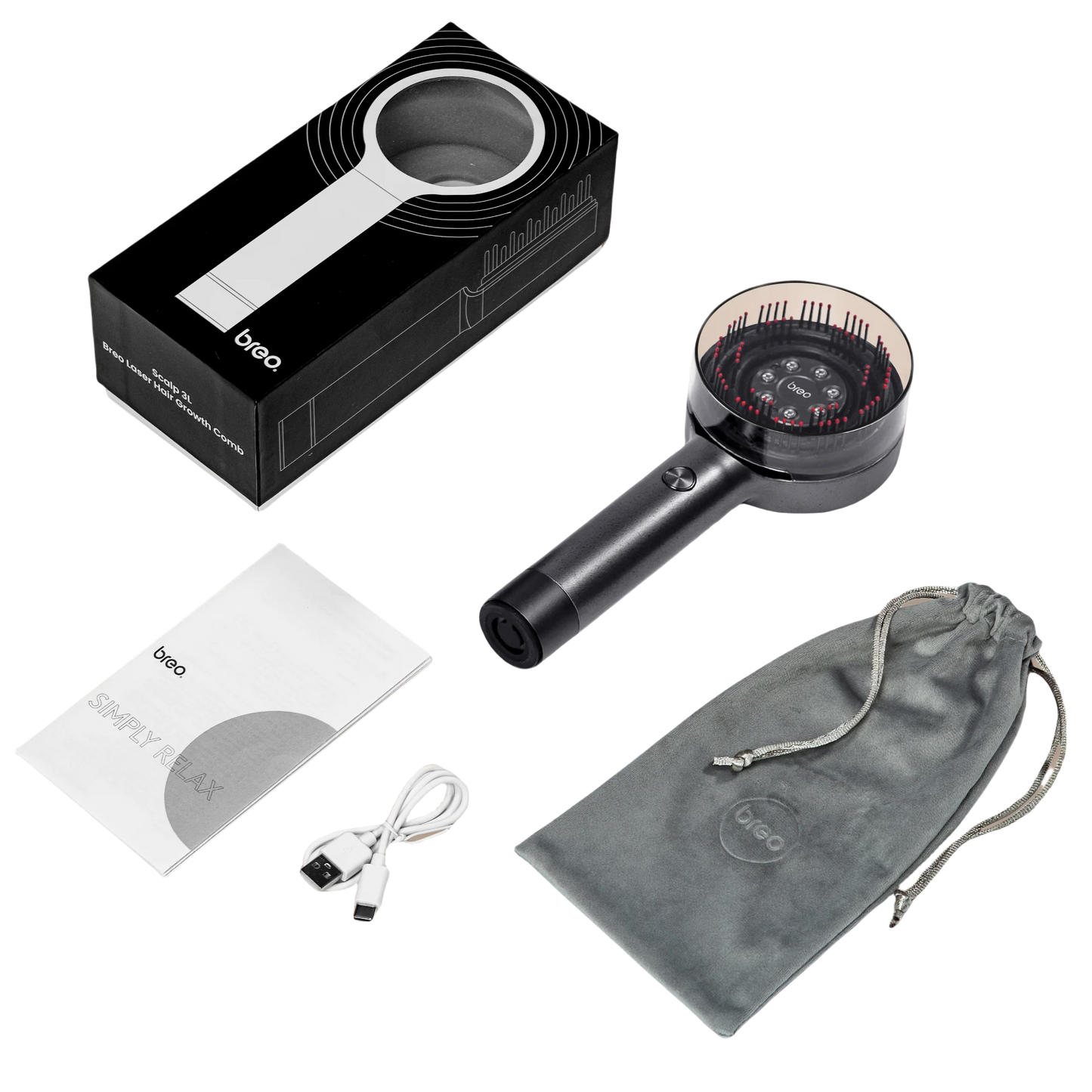 Breo LumiHeal Pro Scalp Massager for hair growth with red light therapy, complete set on black background