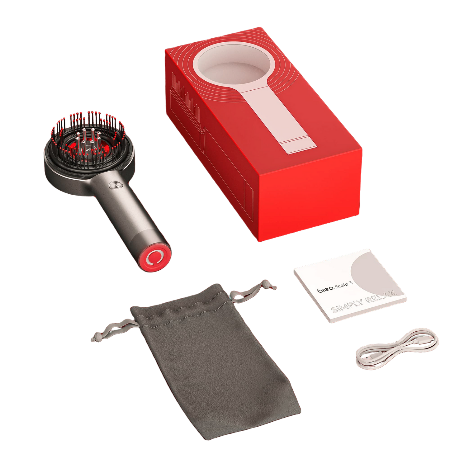 Breo S3 Scalp Massager with red light therapy and accessories, for scalp massage and hair growth.