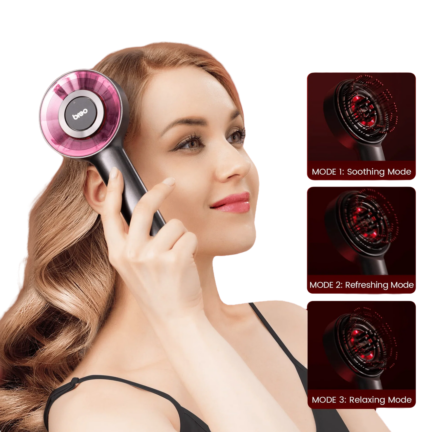 Breo S3 Scalp Massager used on scalp, featuring red light therapy and three massage modes
