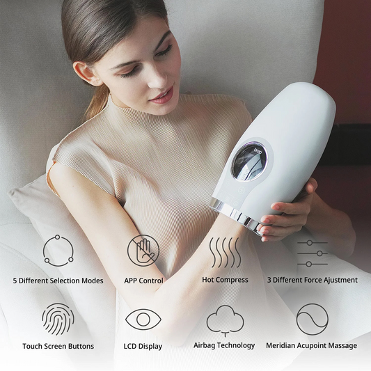 Breo WOWO S Hand Massager in use, featuring hot compress and acupoint massage, a modern hand massager.