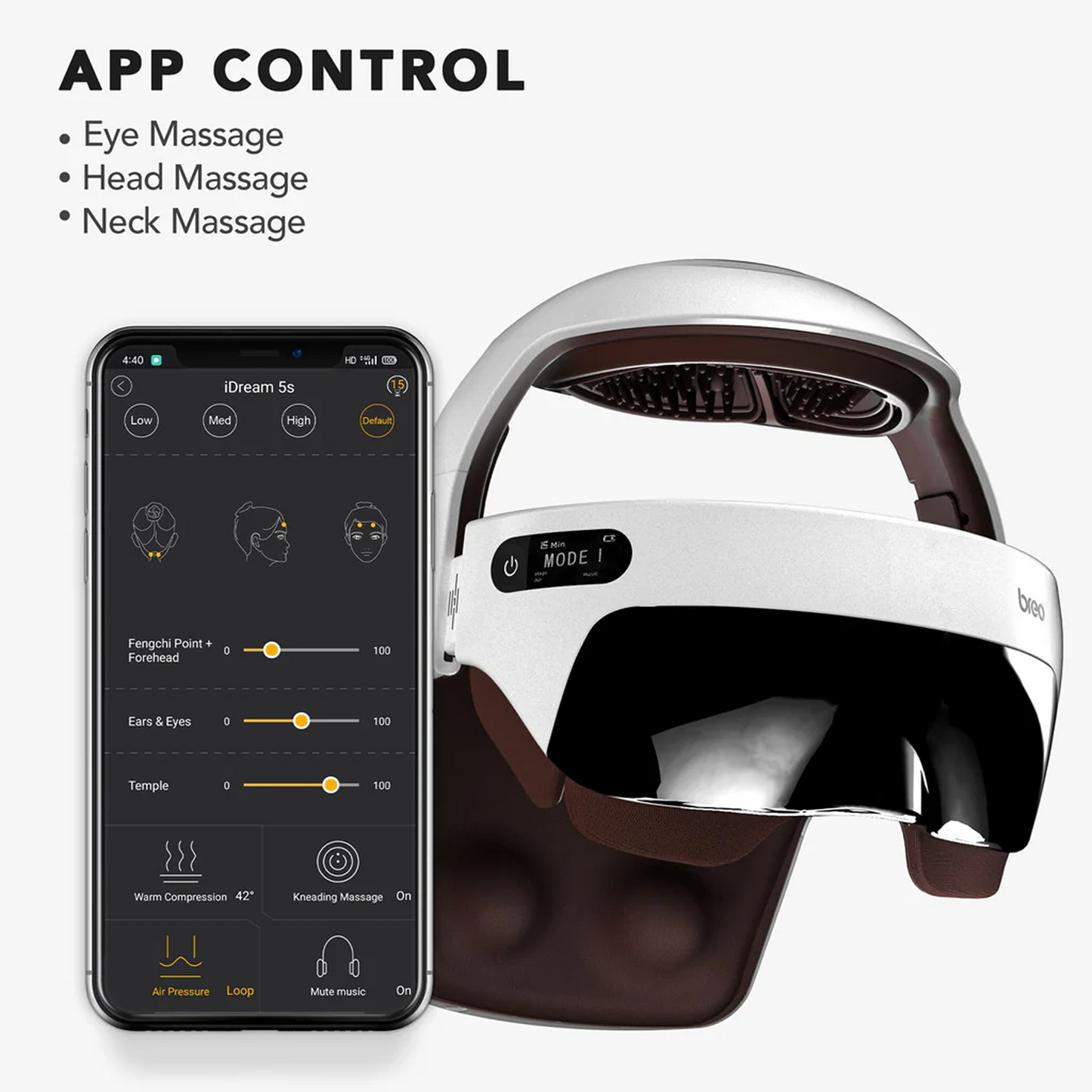 Breo iDream 5S head massager, app control with eye, head, neck massage, for eye strain relief