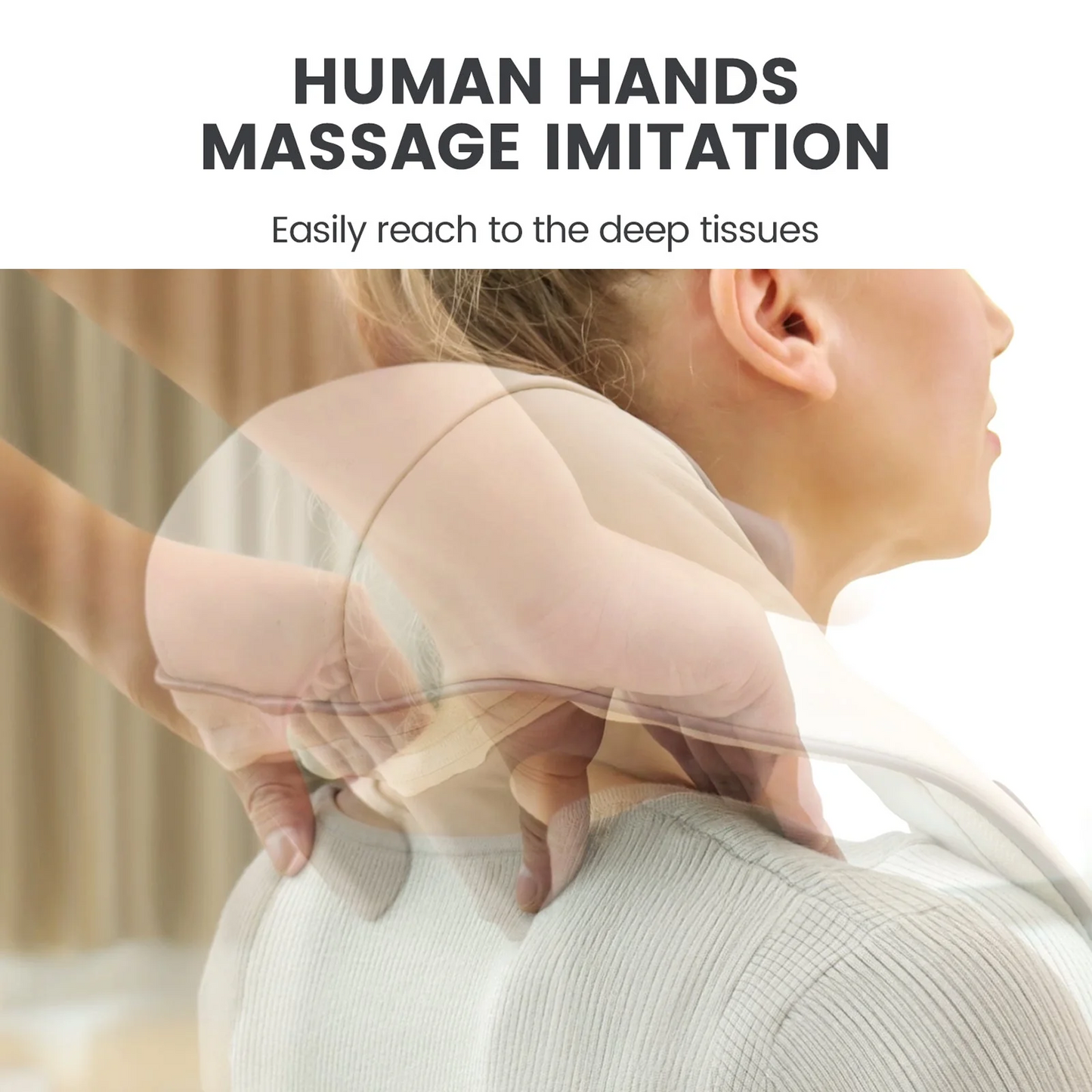 Breo N5 Mini neck massager imitating human hand massage, targeting deep tissue relief for shoulder and neck tension.