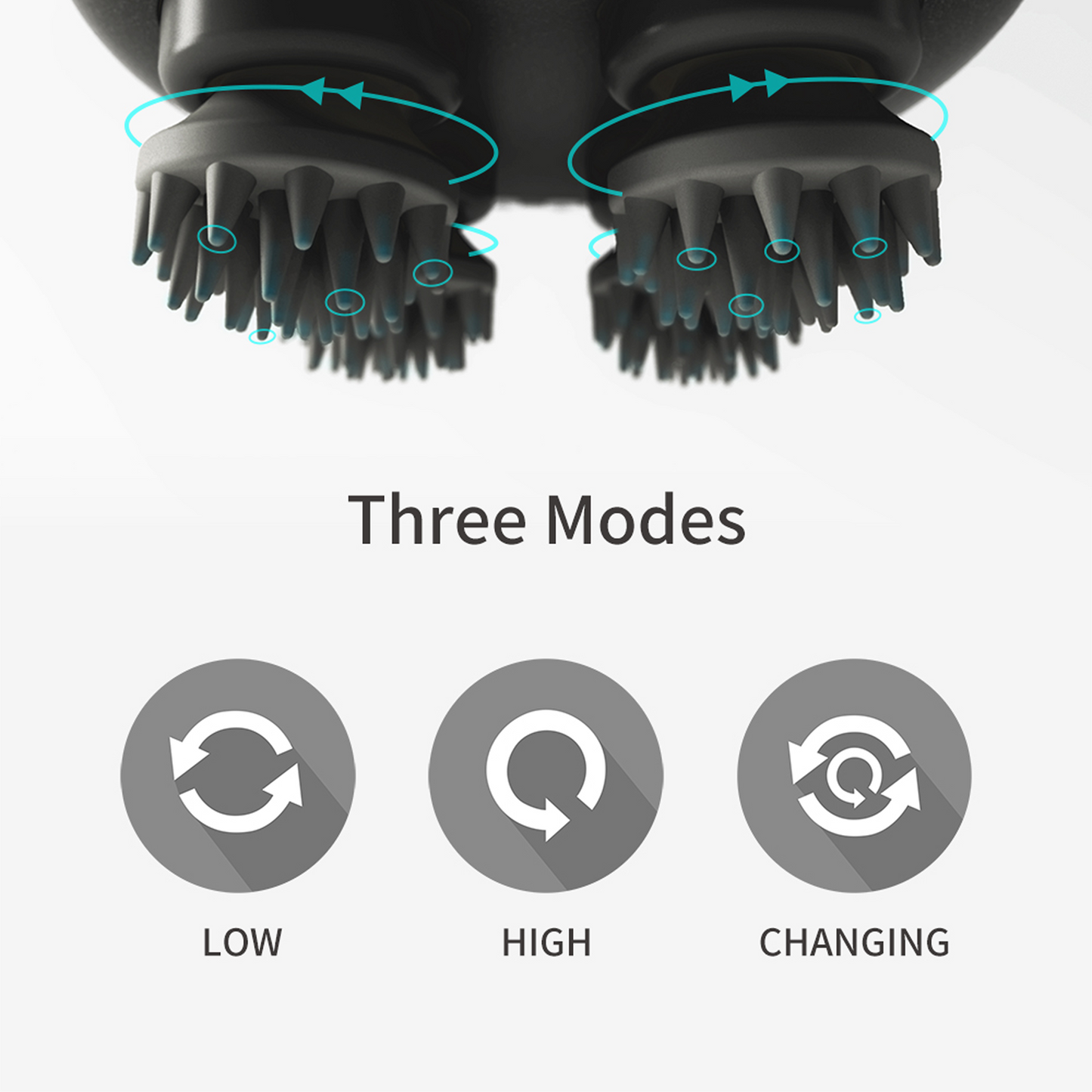 Breo Scalp Mini massager with three modes: Low, High, and Changing, showing the massager heads with rotating action.