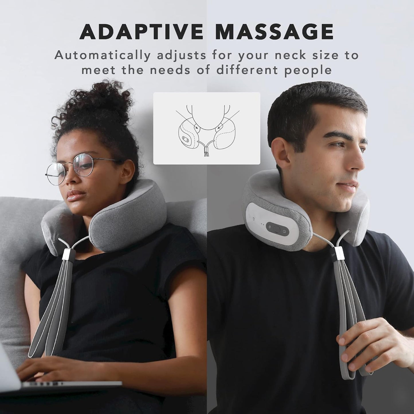 Breo iNeck 3 Pro neck massager in use, adaptive massage technology for neck pain relief and relaxation, gray design.