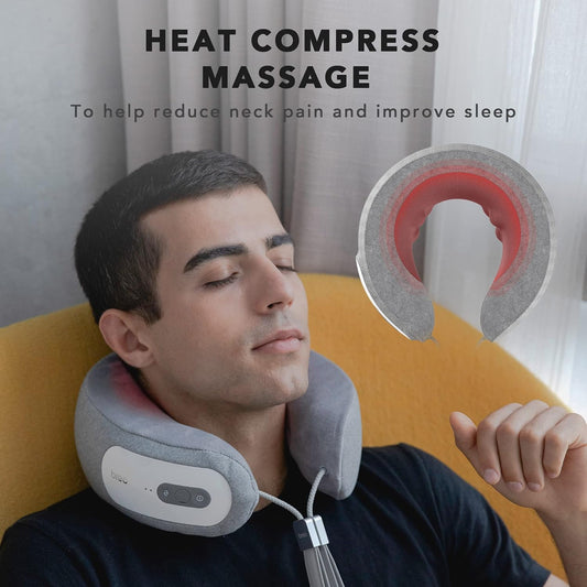 Breo iNeck 3 Pro neck massager in use, heat compress massage for neck pain relief, ergonomic design.