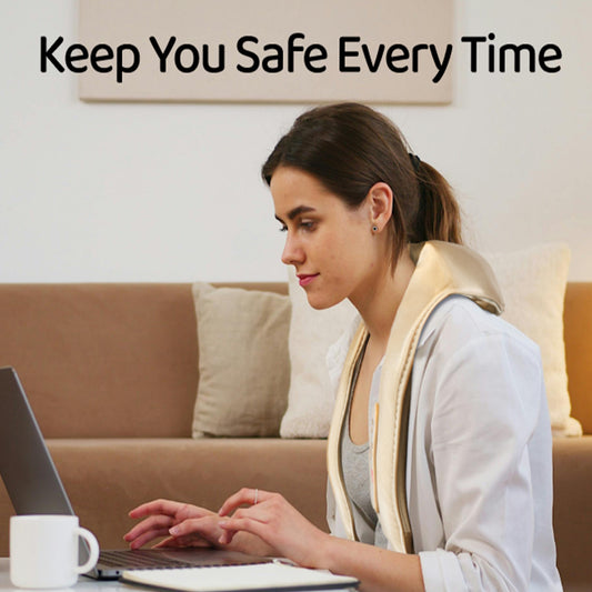 Breo N1 Pro neck massager: Woman using laptop, promoting neck and shoulder relief for daily use.