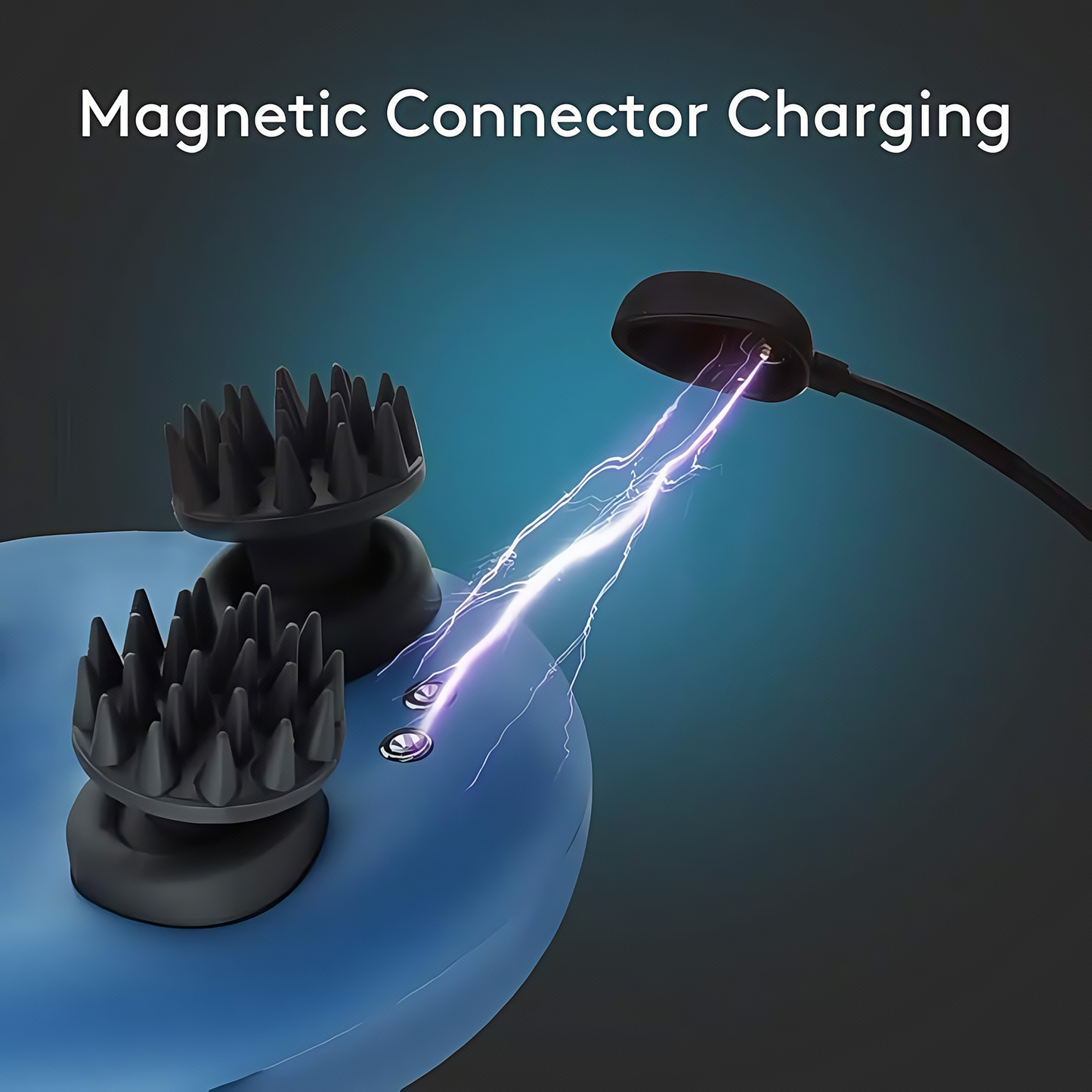 Breo Scalp Mini massager charging with magnetic connector for electric scalp massage, featuring a blue device