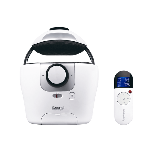 Breo iDream 3 Head Massager, white design for eye and neck relief, featuring heat, and vibration. Wireless and portable.