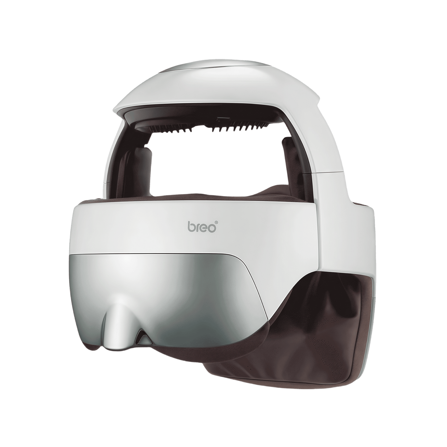 Breo iDream 5S head massager: white, silver, and brown design for head and eye relaxation, helps with eye strain relief