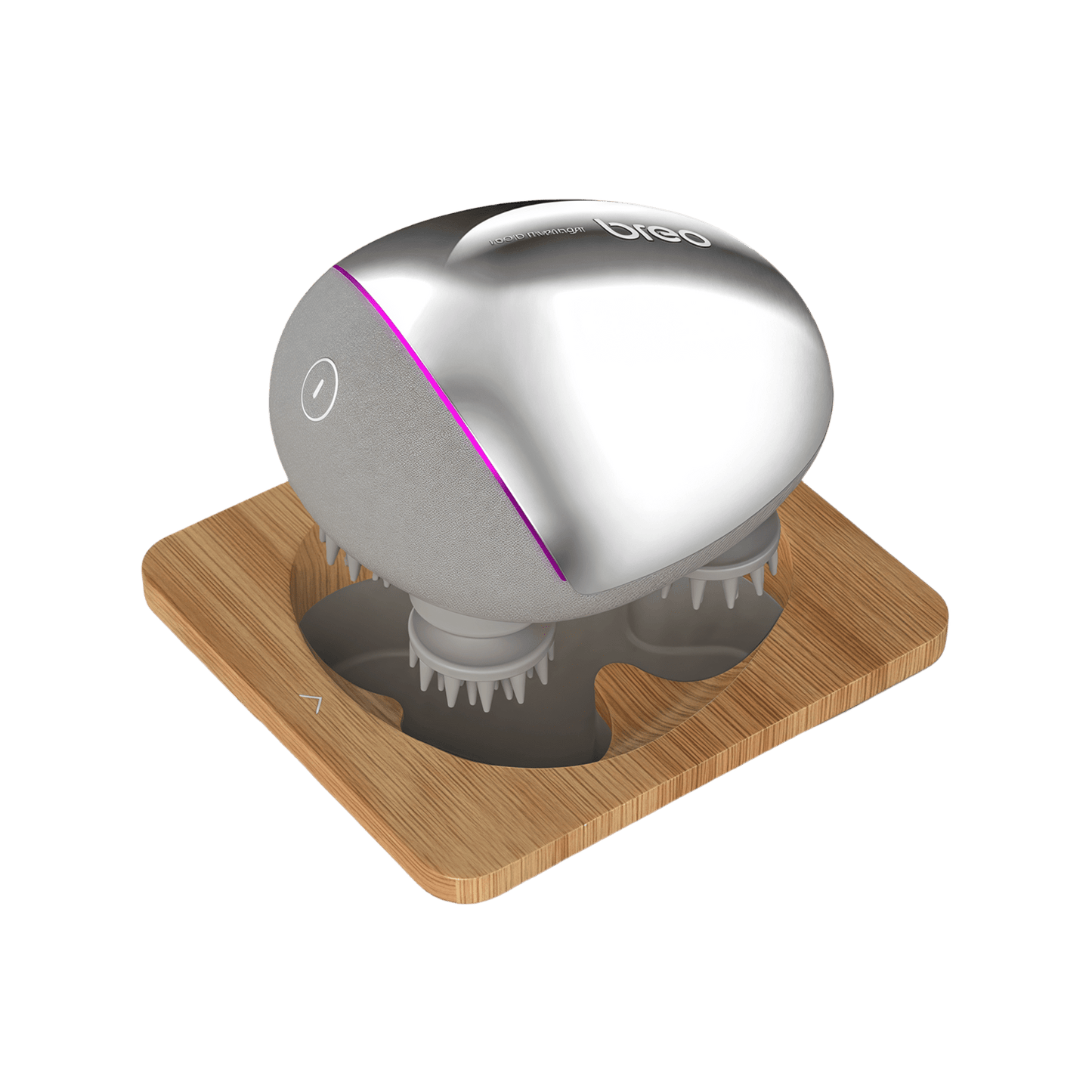 Breo Scalp Mini Pro massager on wooden base, a cordless scalp massager for hair growth