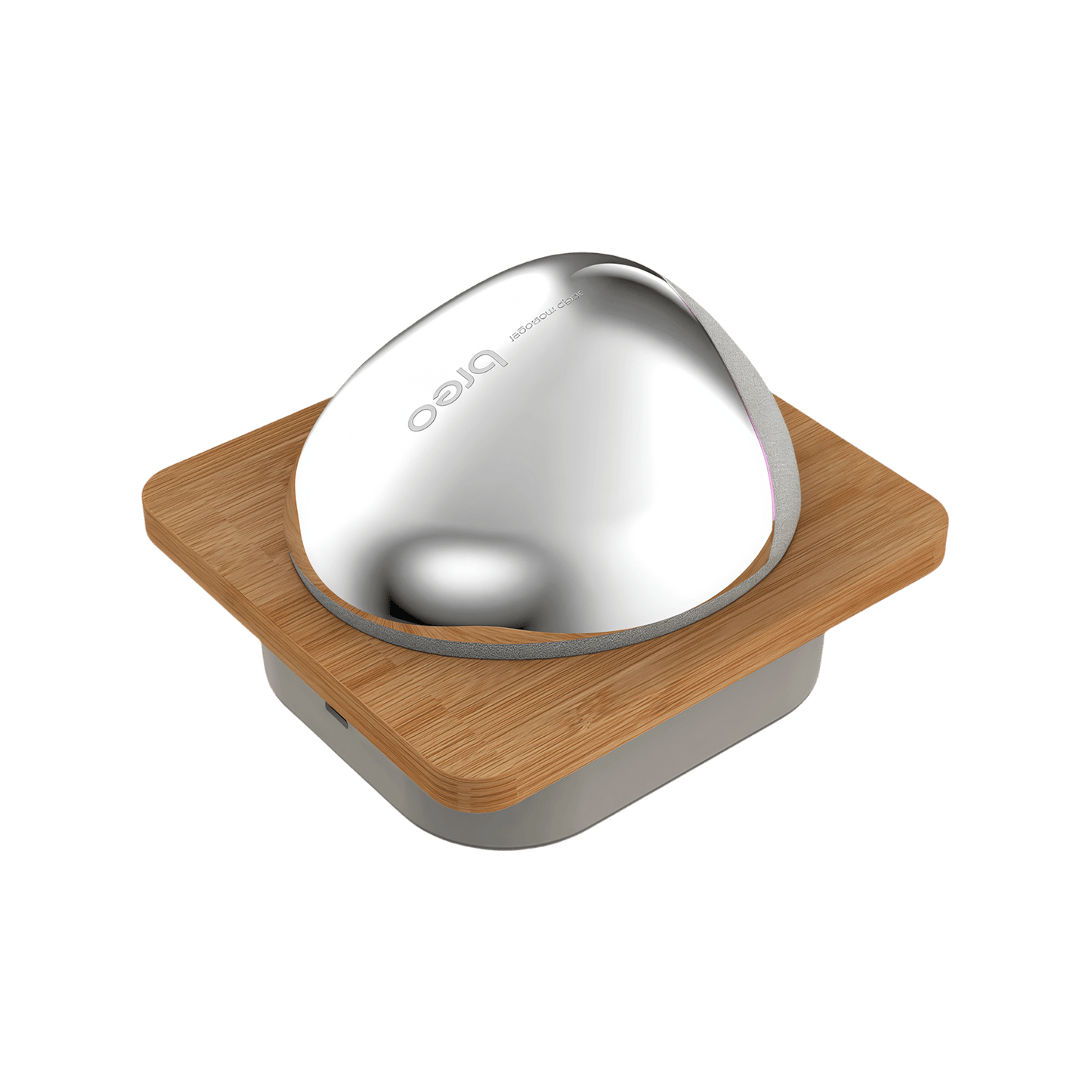 Breo Scalp Mini Pro massager, silver head on wood base, electric scalp massager