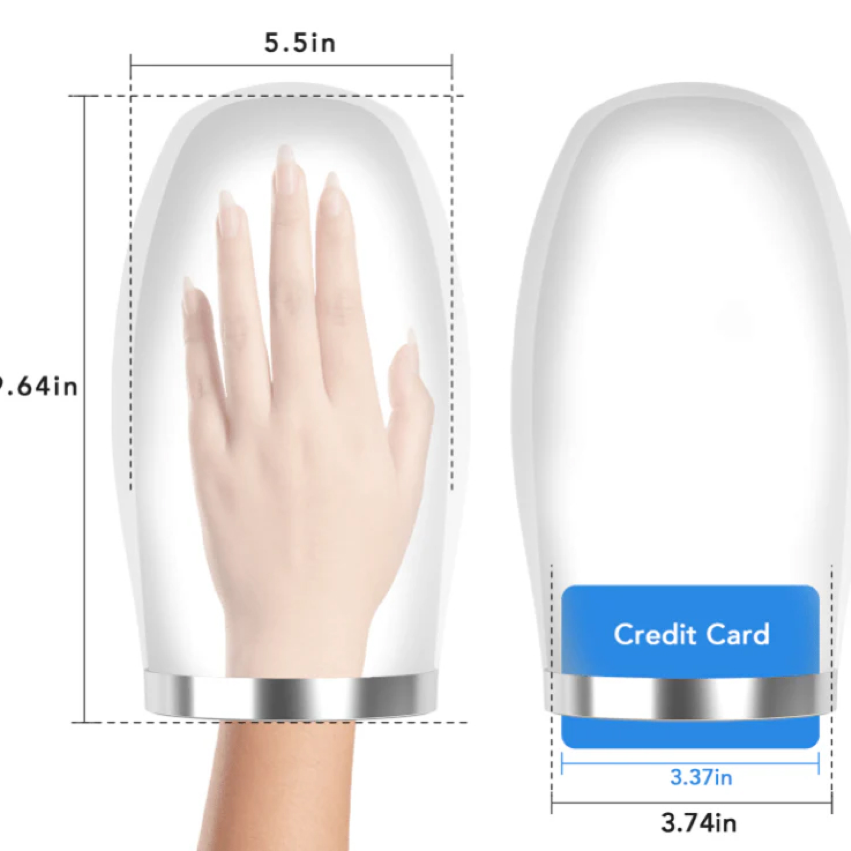 Breo WOWO S Hand Massager dimension diagram, hand inside white shell, credit card slot, hand massager for relief