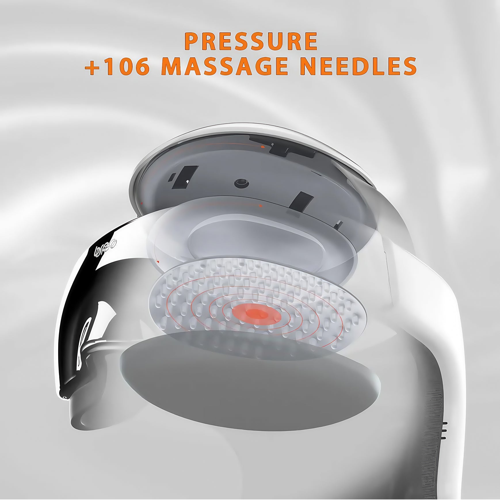 Breo iDream 3 head massager showing internal design with +106 massage needles for head and eye relaxation