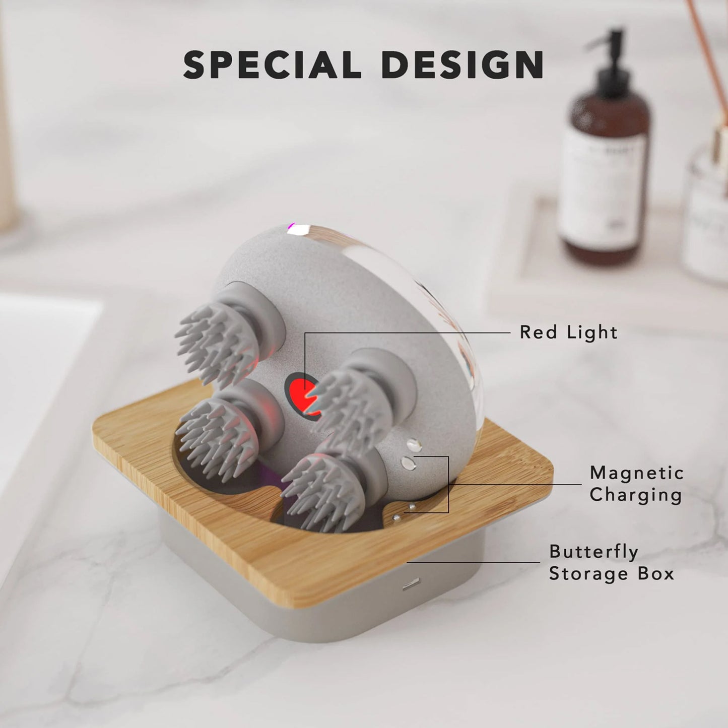 Breo Scalp Mini Pro massager, red light therapy, magnetic charging, and butterfly storage. Scalp massage for hair growth.