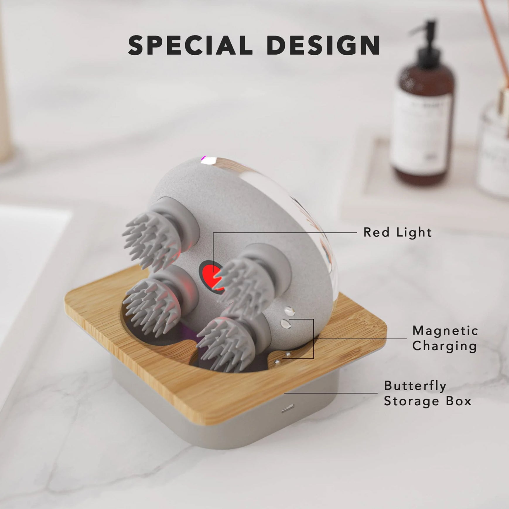 Breo Scalp Mini Pro massager, red light therapy, magnetic charging, and butterfly storage. Scalp massage for hair growth.