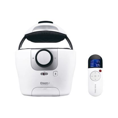 Breo iDream 3 Head Massager, white design for eye and neck relief, featuring heat, and vibration. Wireless and portable.