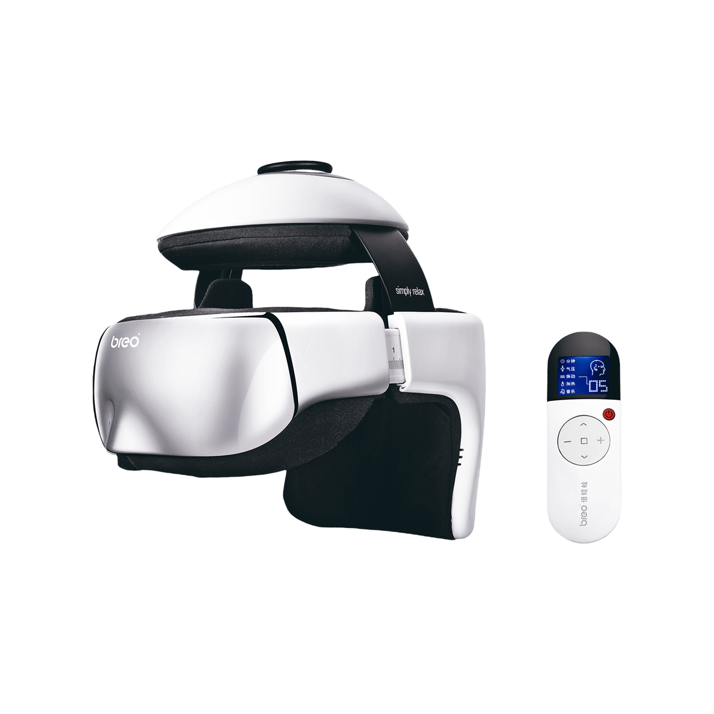 Breo iDream 3 head massager in white, with remote, offering head, eye and neck massage for relaxation.