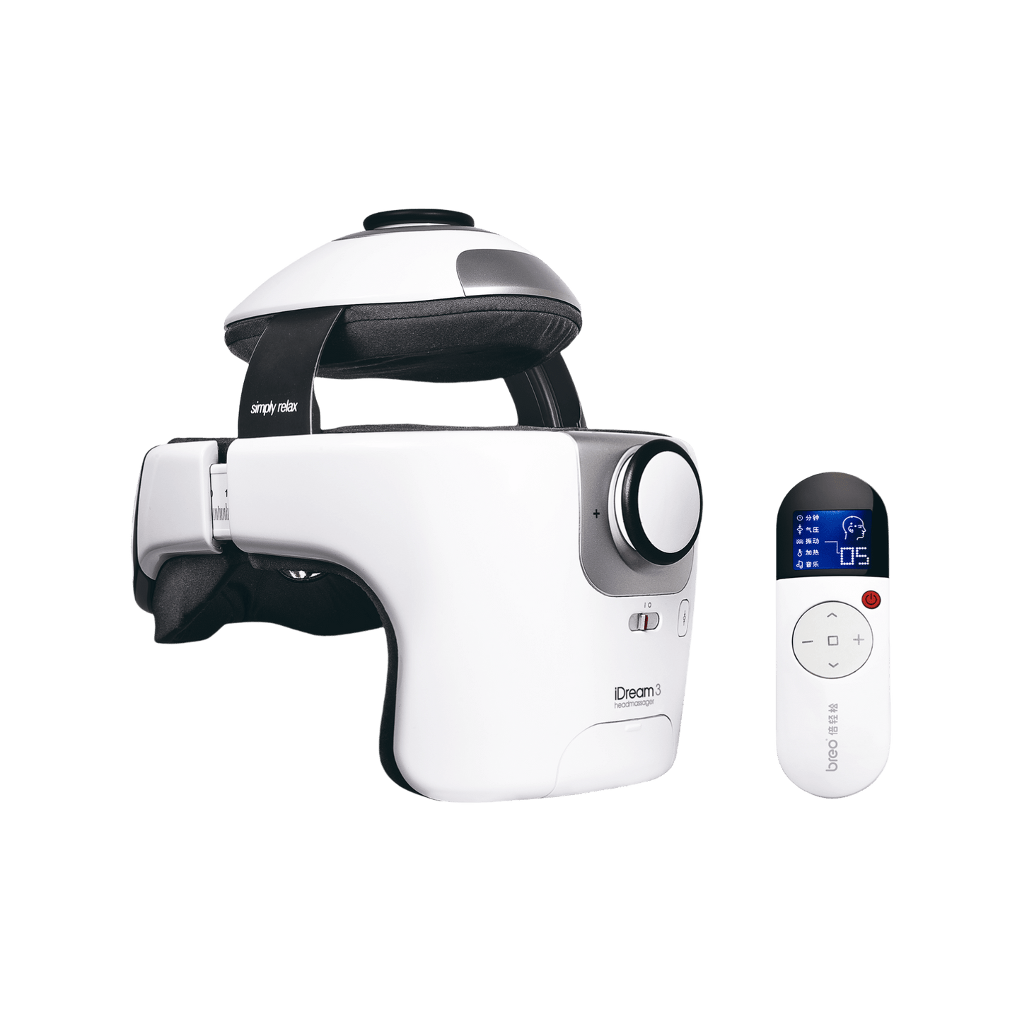 Breo iDream 3 head massager in white with remote, offering head, eye and neck massage for relaxation.