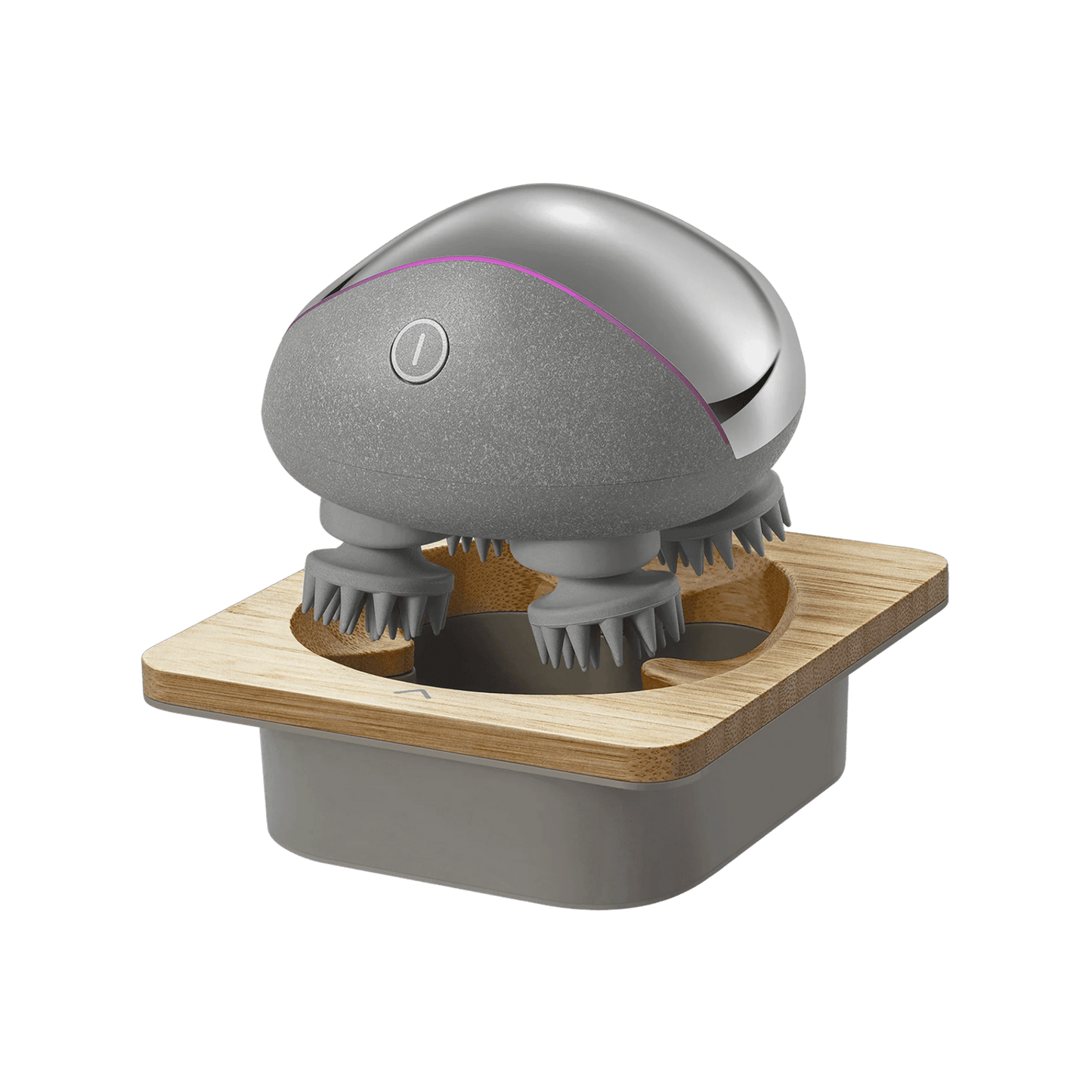 Breo Scalp Mini Pro: Cordless electric scalp massager on wooden base, promoting relaxation and hair growth.