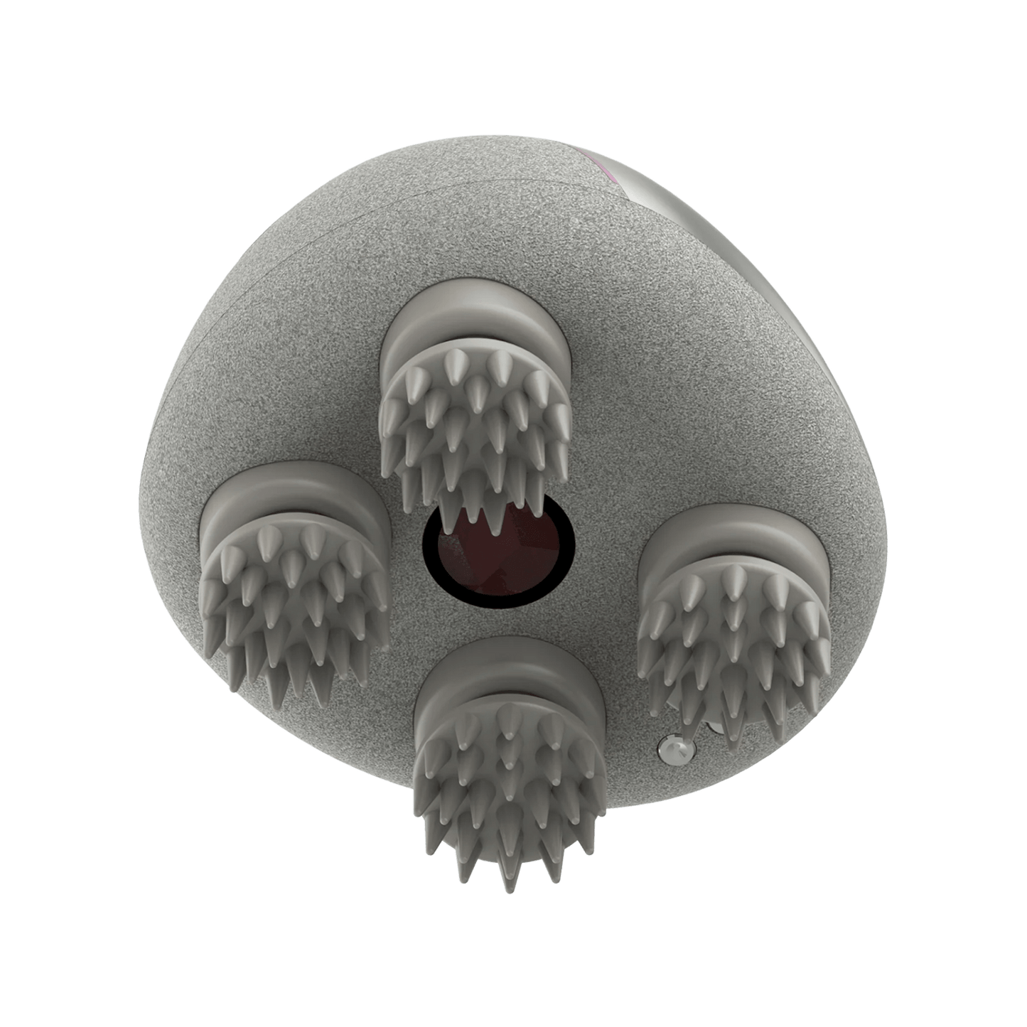 Breo Scalp Mini Pro massager head. Gray textured surface with four gray silicone massage heads, red light therapy.