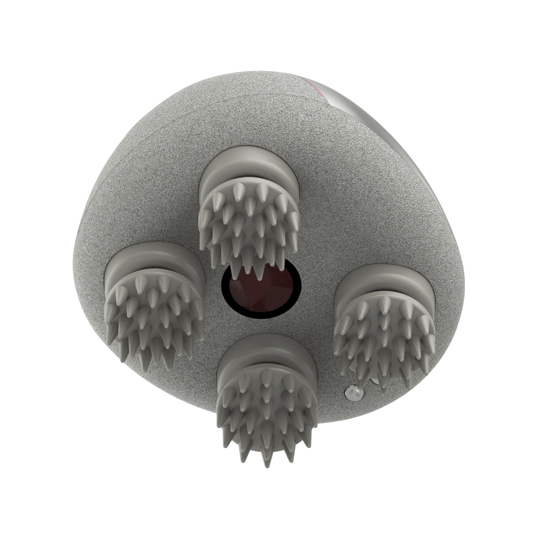 Breo Scalp Mini Pro massager head. Gray textured surface with four gray silicone massage heads, red light therapy.
