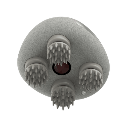 Breo Scalp Mini Pro massager head. Gray textured surface with four gray silicone massage heads, red light therapy.